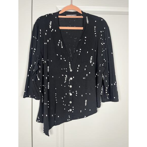 Alembika Asymmetrical V Neck Cardigan Paint Splatter Spotted Artsy Size L (5) - Picture 1 of 5